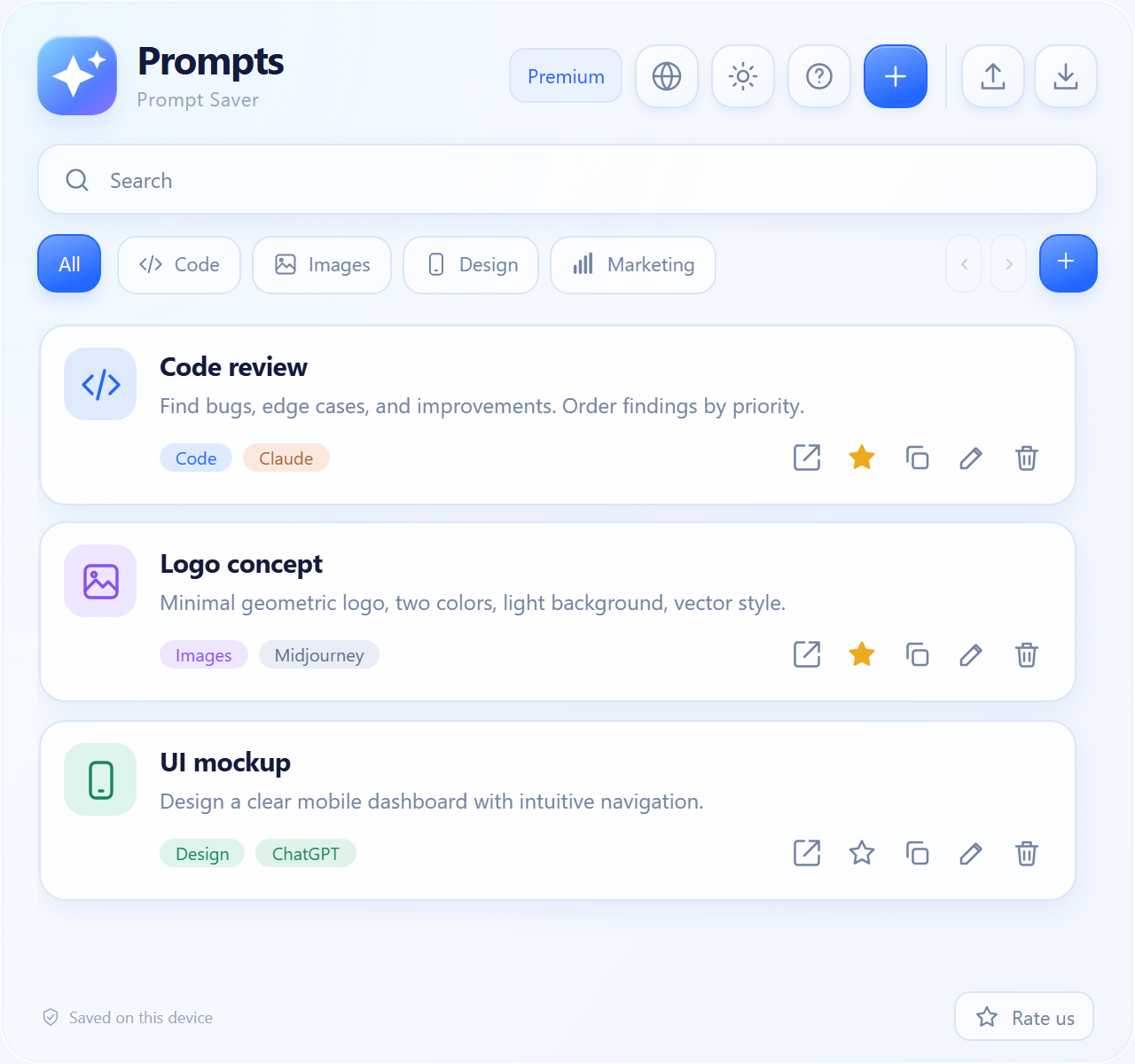 Prompt Saver English interface showing saved prompts and categories