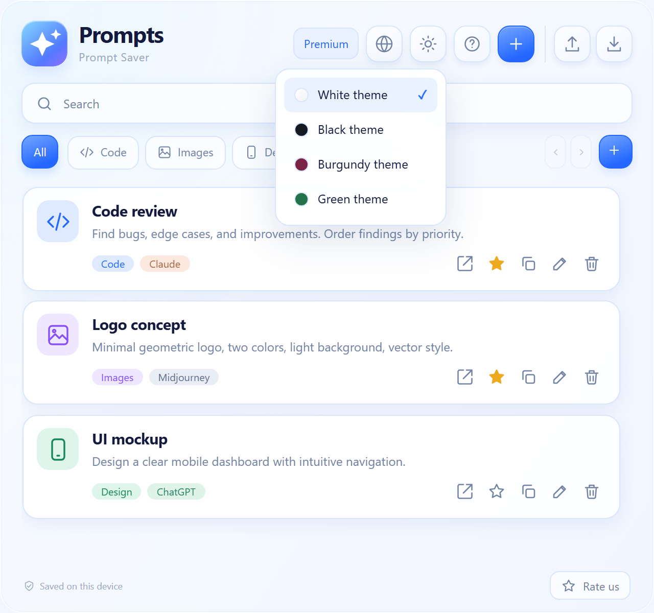 Prompt Saver theme selector in the English interface
